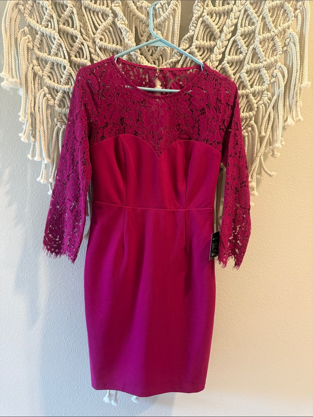 Lulu's Fuchsia Lace-Top Long Sleeve Sheath Dress